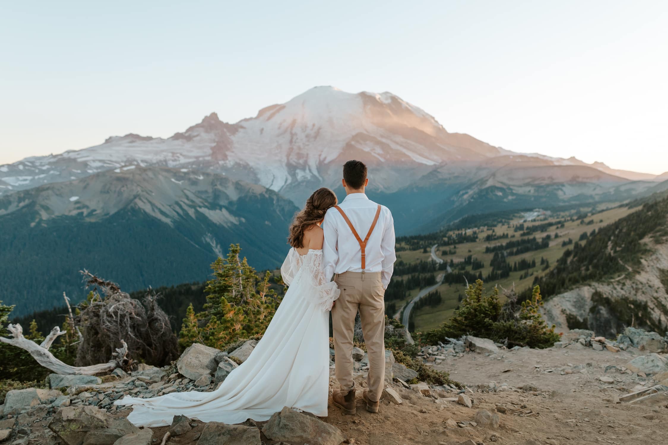 A couple in wedding attire with their backs to the camera looking at Mt. Rainier.
