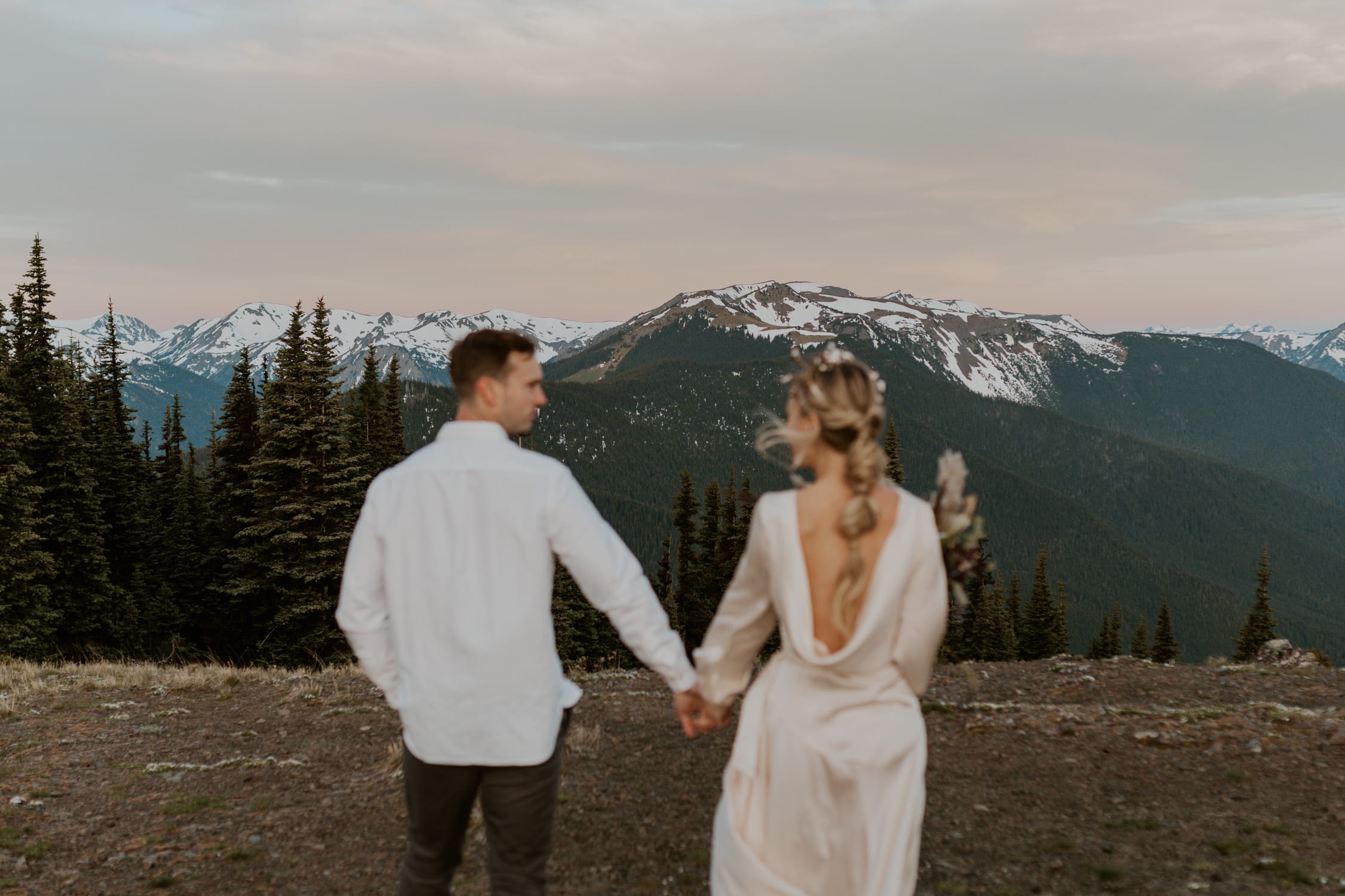A couple looking out at the mountains on Hurricane Ridge on their elopement day.