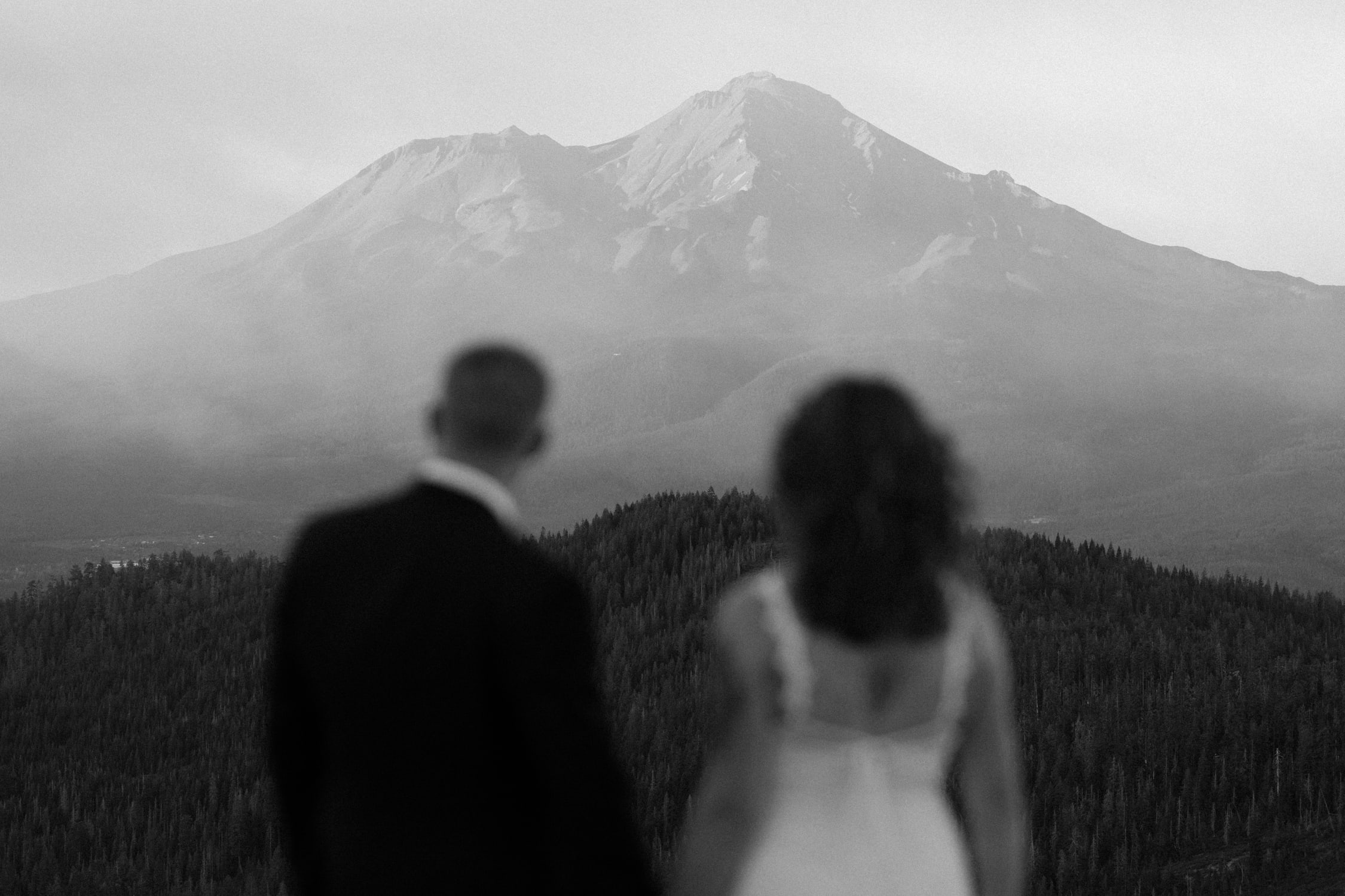 A couple facing Mt. Shasta on their elopement day.