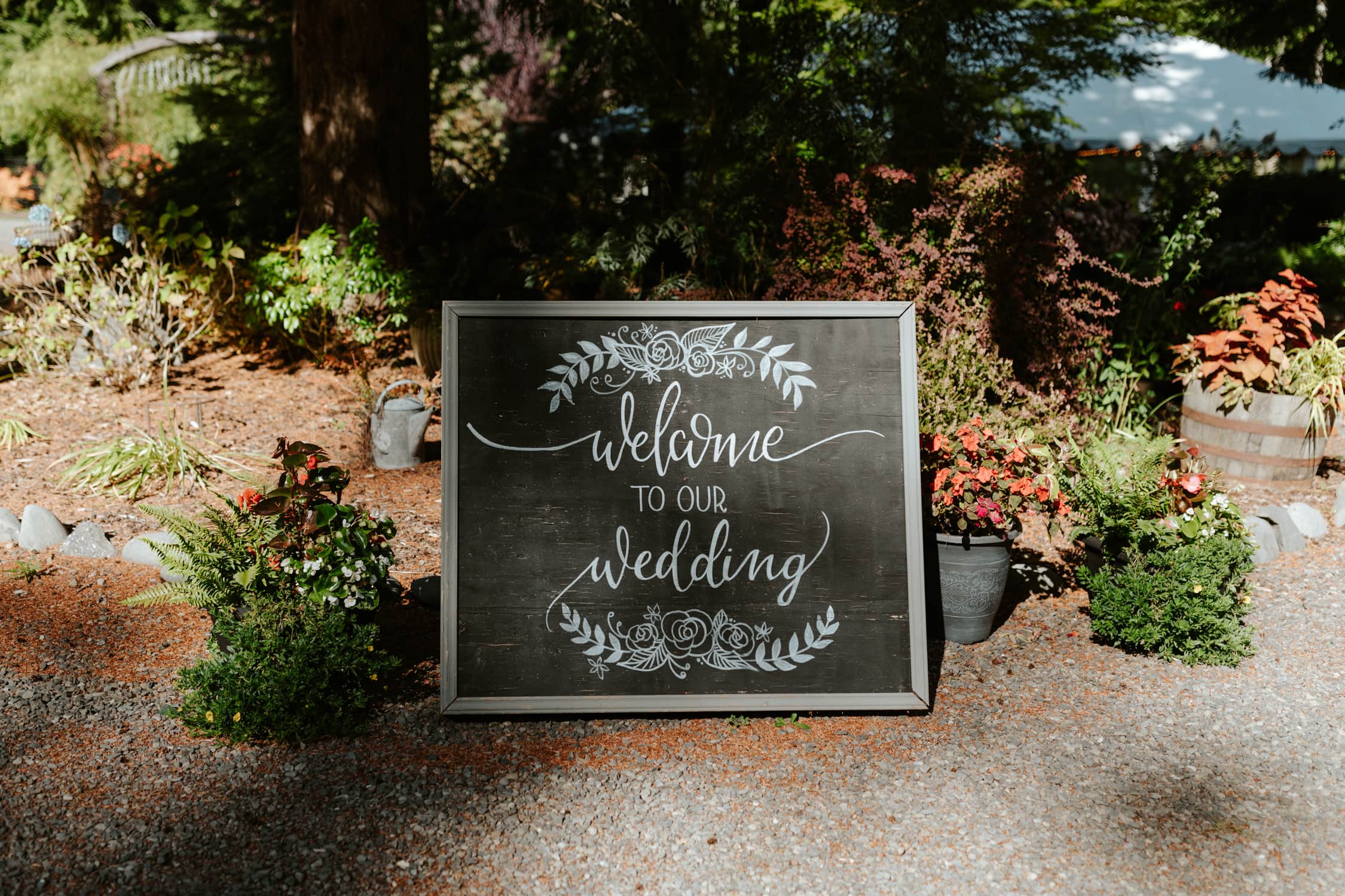 A sign that reads "welcome to our wedding" at Fern Acres in Forks, Washington.